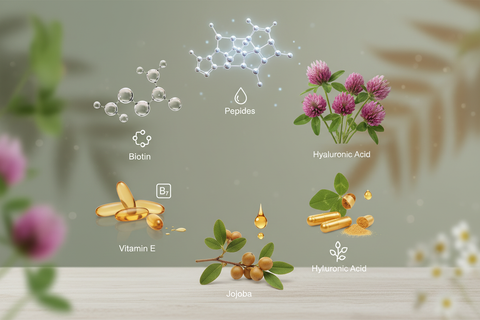 Peptides to help signal follicle activity and improve regeneration

Red Clover Extract to support stronger, fuller hair

Biotin to support keratin production and strand strength

Jojoba Oil to mimic the scalp’s natural oils and reduce breakage

Vitamin E for antioxidant protection

Hyaluronic Acid to deeply hydrate and soothe dry or irritated skin